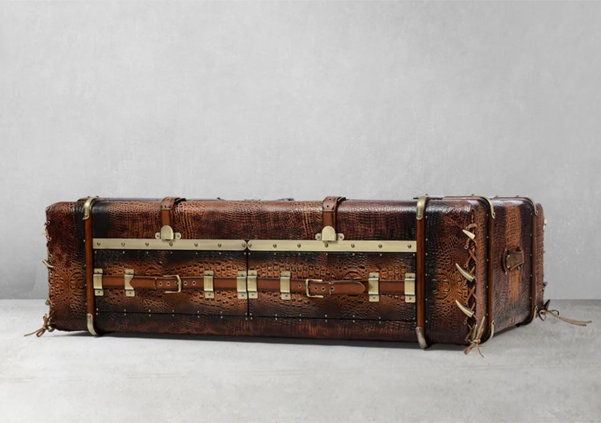 Luxus Couchtisch in Koffer Optik Braun / Schwarz / Messing 140 x 85 x H. 43 cm - Koffer Wohnzimmertisch mit 2 Schubladen - Wohnzimmer Möbel - Luxus Möbel in Koffer Optik