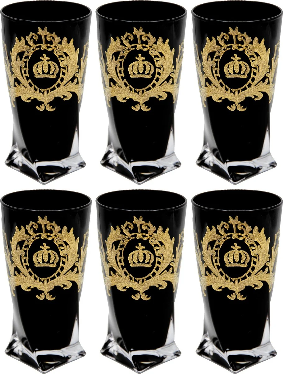Pompöös by Luxus Wasserglas Set Schwarz / Gold Ø 8 x H. 13,5 cm - Wassergläser mit 24 Karat Vergoldung - Pompööse Gläser designed by Harald Glööckler