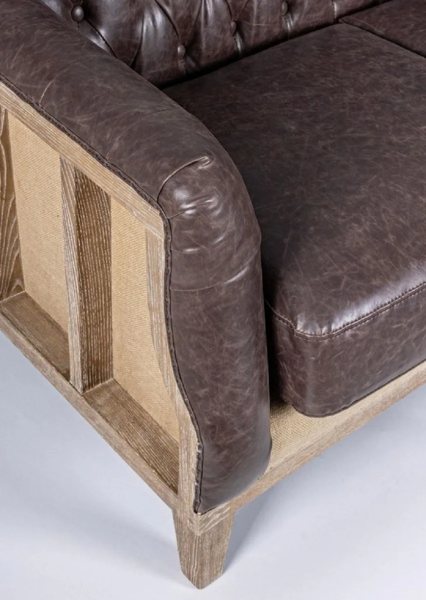 Luxus Chesterfield Kunstleder Sofa Dunkelbraun / Naturfarben 194,5 x 85 x H. 85 cm - Wohnzimmer Sofa - Wohnzimmer Möbel - Chesterfield Möbel - Luxus Möbel - Luxus Einrichtung