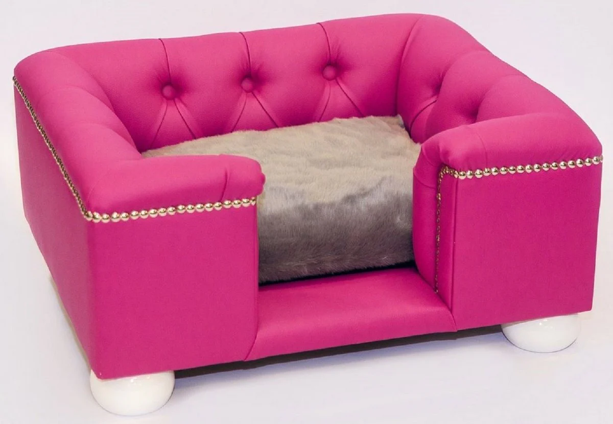 Luxus Chesterfield Leder Hundebett Pink / Weiß / Grau 80 x 65 x H. 37 cm - Rechteckiges Echtleder Hundebett - Chesterfield Tiermöbel - Luxus Tiermöbel - Leder Tiermöbel - Hundemöbel