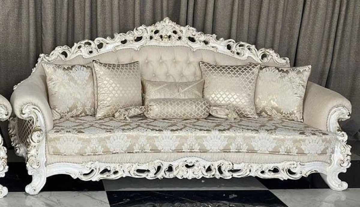 Luxus Barock Wohnzimmer Set Creme / Weiß / Gold - 2 Barock Sofas & 2 Barock Sessel & 1 Barock Couchtisch - Luxus Wohnzimmer Möbel im Barockstil - Barock Möbel - Edel & Prunkvoll