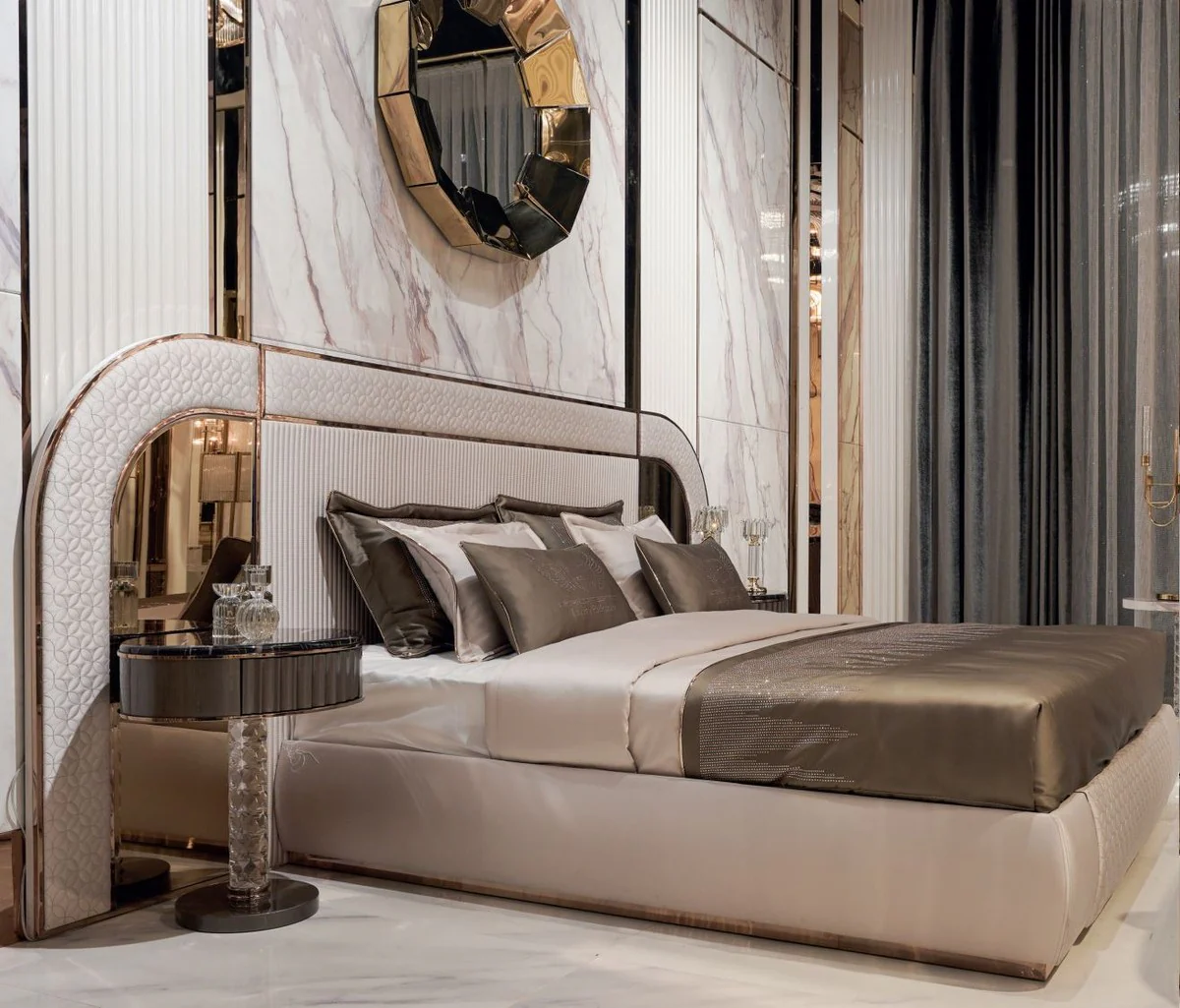 Luxus Art Deco Nachtkommode Schwarz / Grau / Kupfer 60 x 45 x H. 66 cm - Nachttisch mit Schublade und Kunstmarmor Platte - Art Deco Schlafzimmer Möbel - Luxus Schlafzimmer Möbel