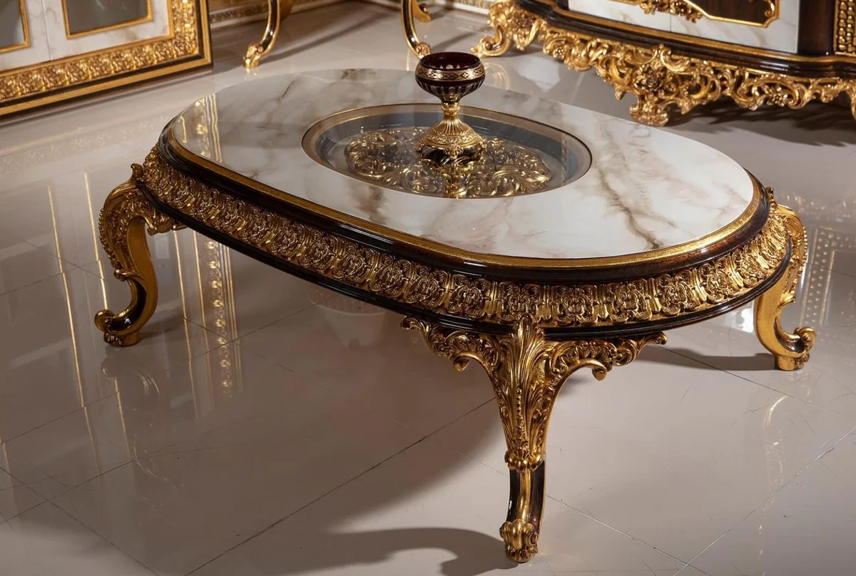Luxus Barock Couchtisch mit Glasplatte Weiß / Dunkelbraun / Gold - Prunkvoller Massivholz Wohnzimmertisch im Barockstil - Barock Wohnzimmer Möbel - Edel & Prunkvoll