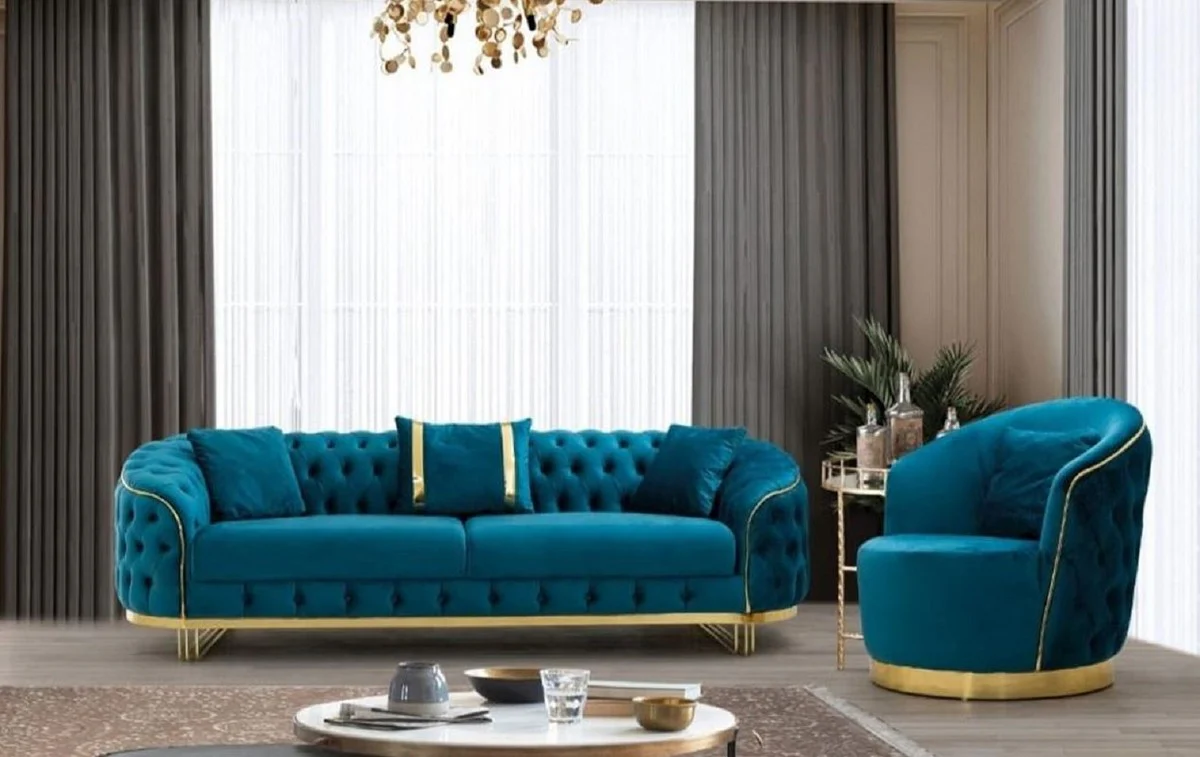 Luxus Chesterfield Sofa Türkis / Gold 240 x 95 x H. 72 cm - Modernes Wohnzimmer Sofa - Chesterfield Wohnzimmer Möbel