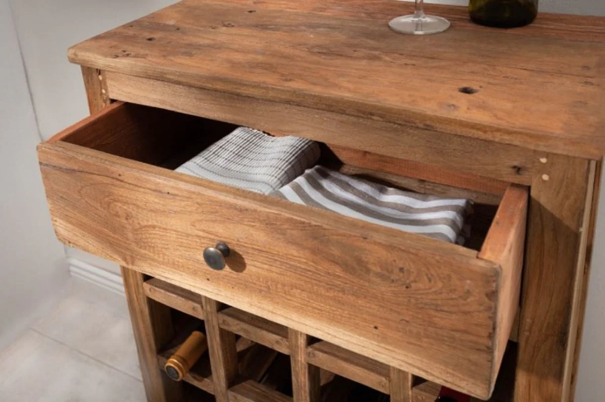 Landhausstil Weinschrank mit Schublade und Weinflaschen Regal Naturfarben 56 x 31 x H. 81 cm - Barschrank aus recyceltem Massivholz - Bar Möbel - Landhausstil Möbel