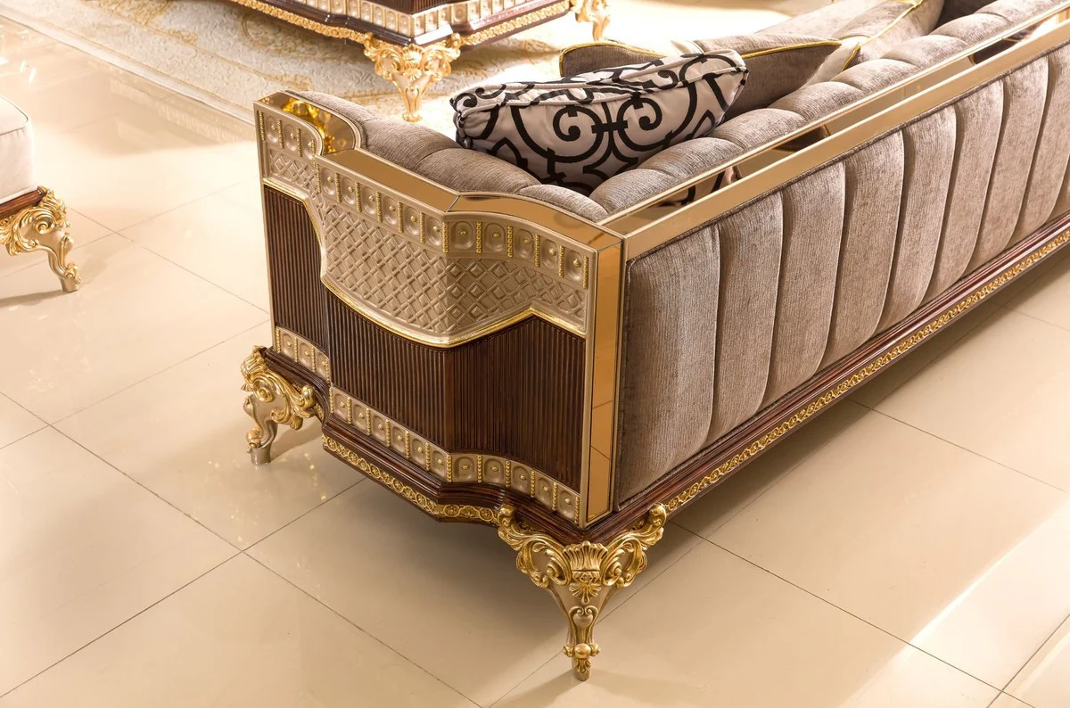 Luxus Barock Sofa Grau / Dunkelbraun / Gold 265 cm - Barock Möbel
