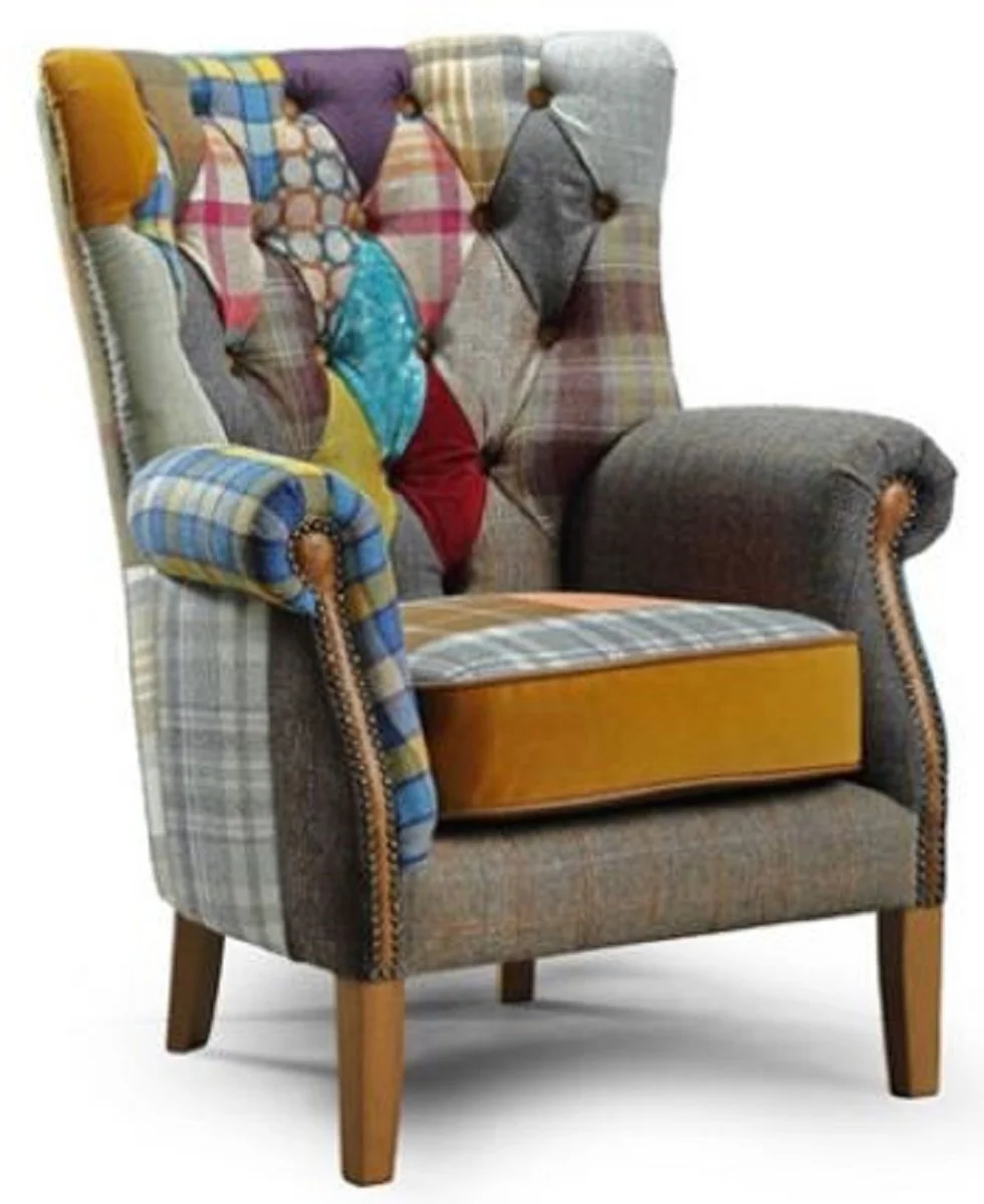 Luxus Chesterfield Wohnzimmer Sessel Mehrfarbig / Grau / Braun 80 x 80 x H. 102 cm - Chesterfield Wohnzimmer Möbel