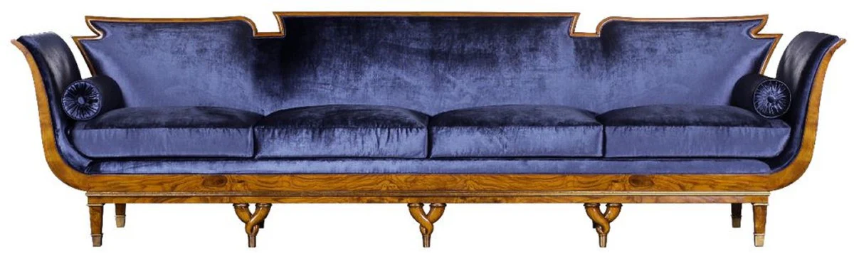 Luxus Jugendstil 4er Samt Sofa Blau / Hellbraun - Edles Handgefertigtes Wohnzimmer Sofa - Barock & Jugendstil Wohnzimmer Möbel