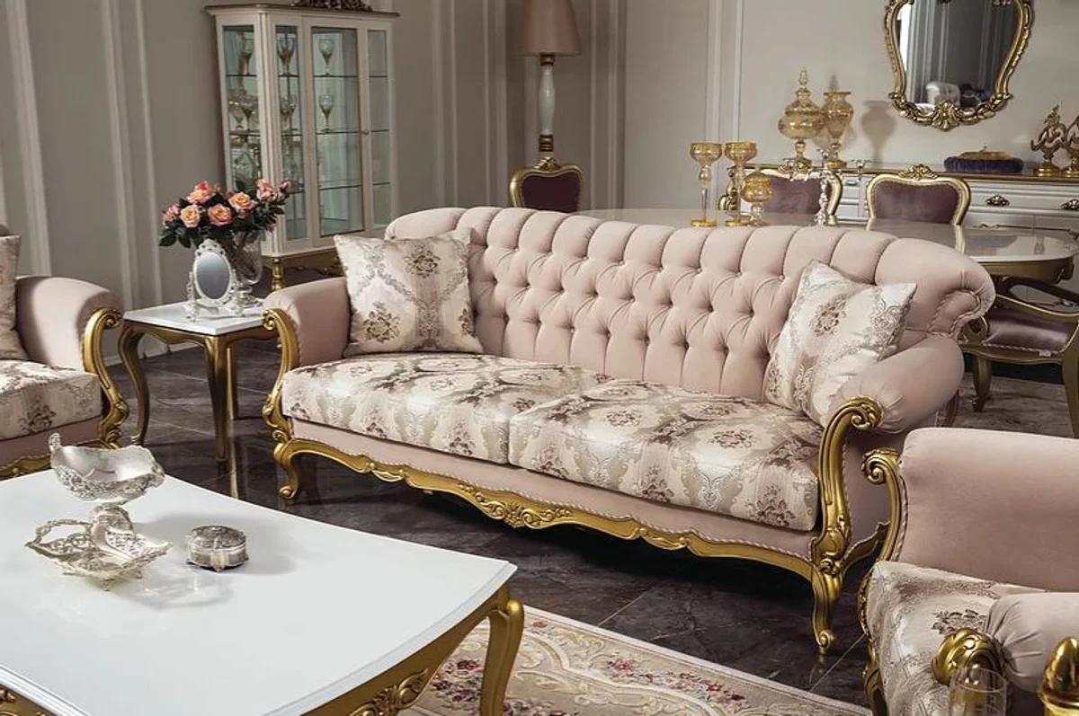 Luxus Barock Wohnzimmer Sofa Rosa / Gold 220 x 82 x H. 95 cm - Massivholz Sofa mit elegantem Muster und dekorativen Kissen - Wohnzimmer Möbel im Barockstil