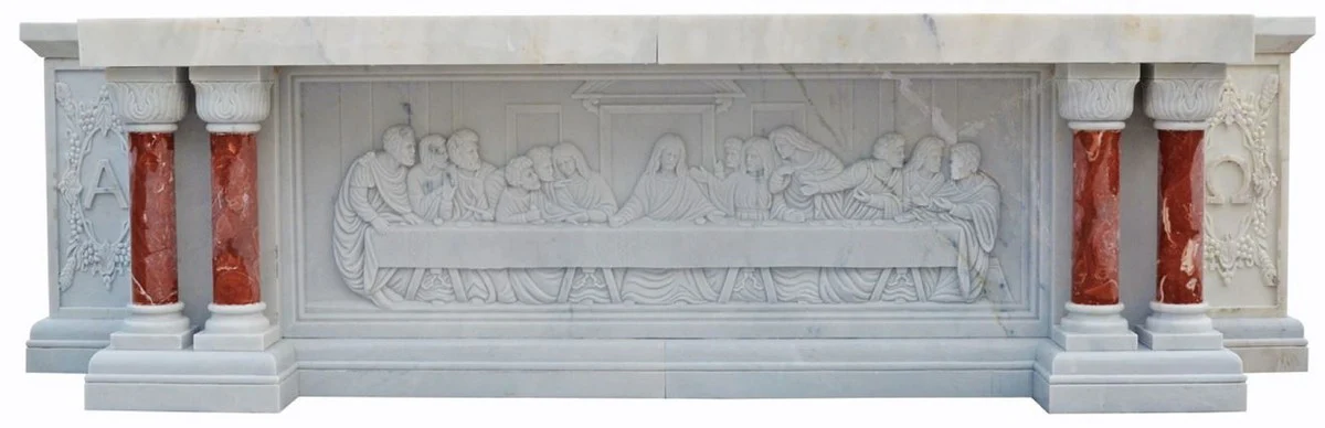 Luxus Barock Altar Weiß / Rot 300 x 100 x H. 80 cm - Prunkvoller Marmor Altar - Luxus Marmor Möbel im Barockstil - Edel & Prunkvoll