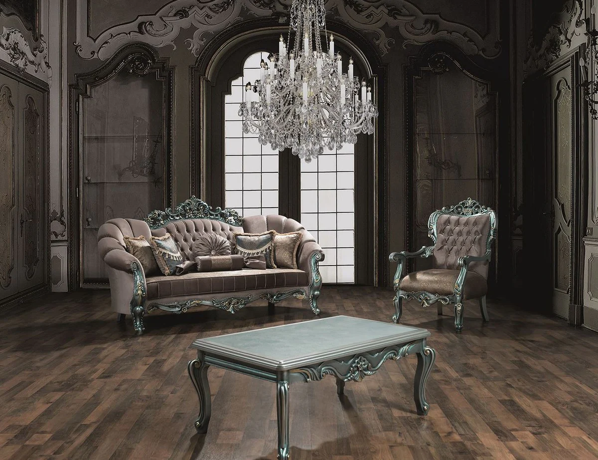 Luxus Barock Samt Sofa Grau / Grün / Gold 225 x 95 x H. 115 cm - Prunkvolles Wohnzimmer Sofa mit Glitzersteinen und dekorativen Kissen