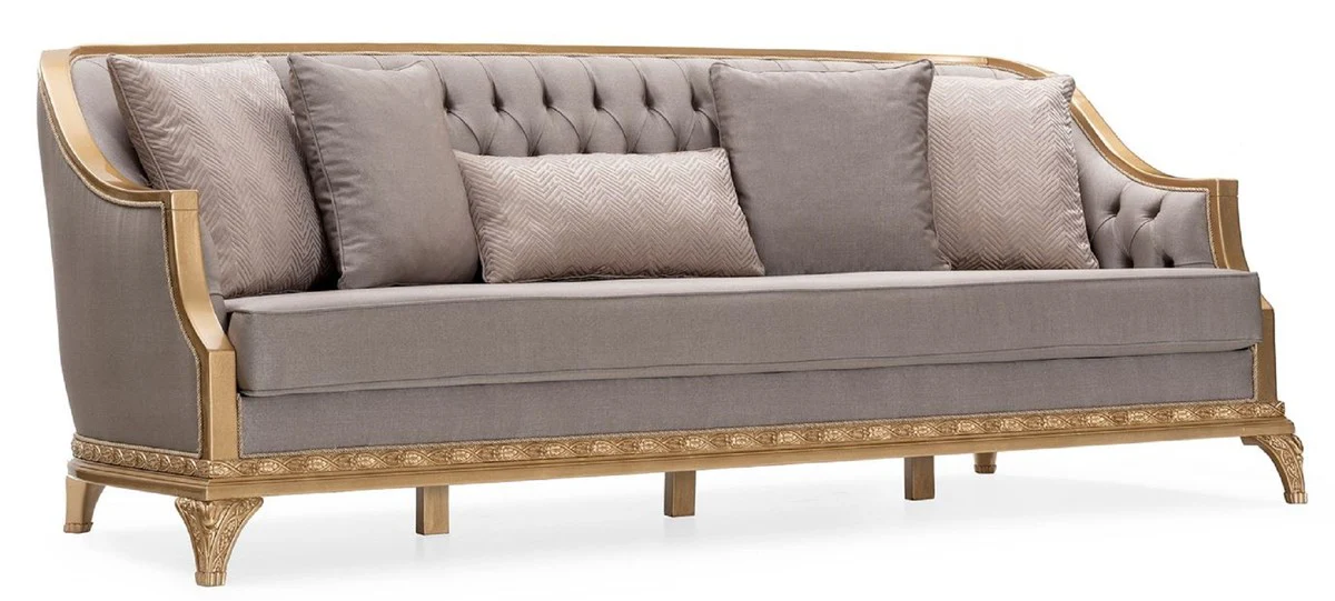 Luxus Barock Wohnzimmer Sofa Grau / Gold - Handgefertigtes Barockstil Sofa mit dekorativen Kissen - Luxus Wohnzimmer Möbel im Barockstil - Barock Möbel