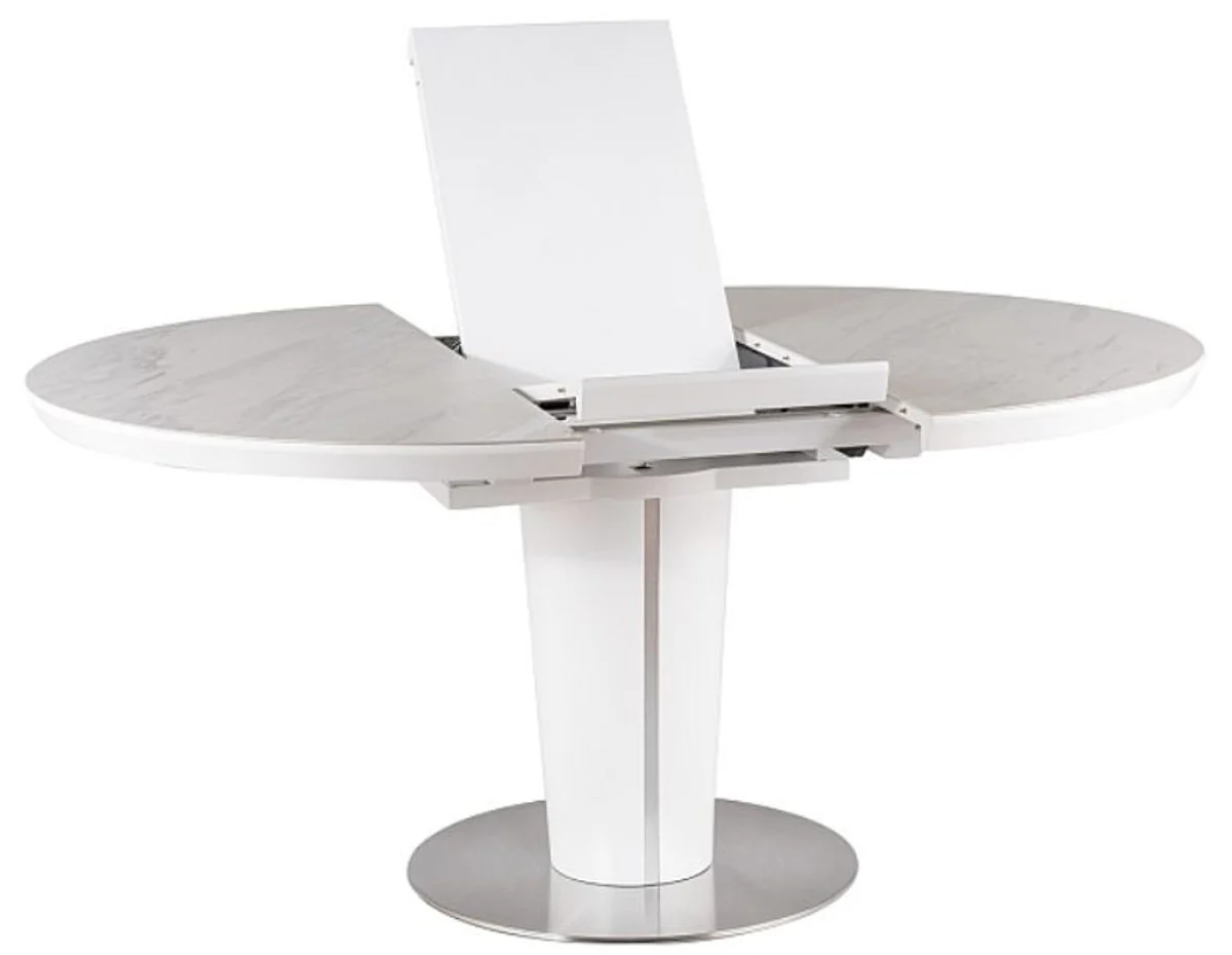 Luxus Esstisch Matt Weiß / Grau / Silber 120-160 x 120 x H. 76 cm - Moderner ausziehbarer Esszimmertisch mit Keramikplatten in Marmoroptik - Küchen Möbel