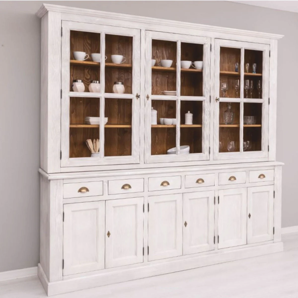 Landhausstil Esszimmer Schrank Hellgrau / Braun 245 cm - Esszimmer Möbel