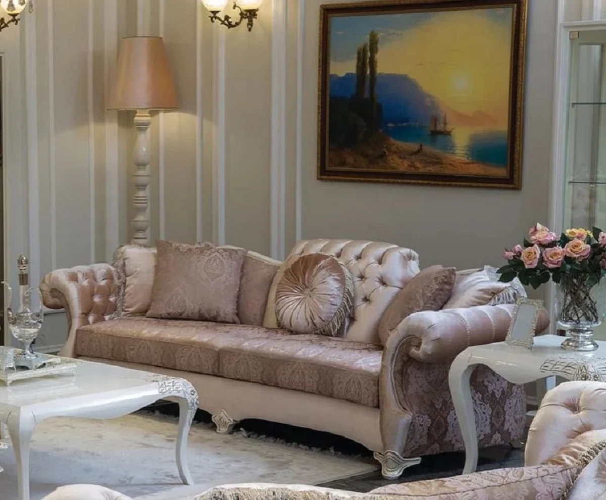 Luxus Barock Wohnzimmer Sofa Rosa / Lila / Weiß / Beige 265 x 97 x H. 84 cm - Massivholz Sofa mit elegantem Muster und dekorativen Kissen - Wohnzimmer Möbel im Barockstil