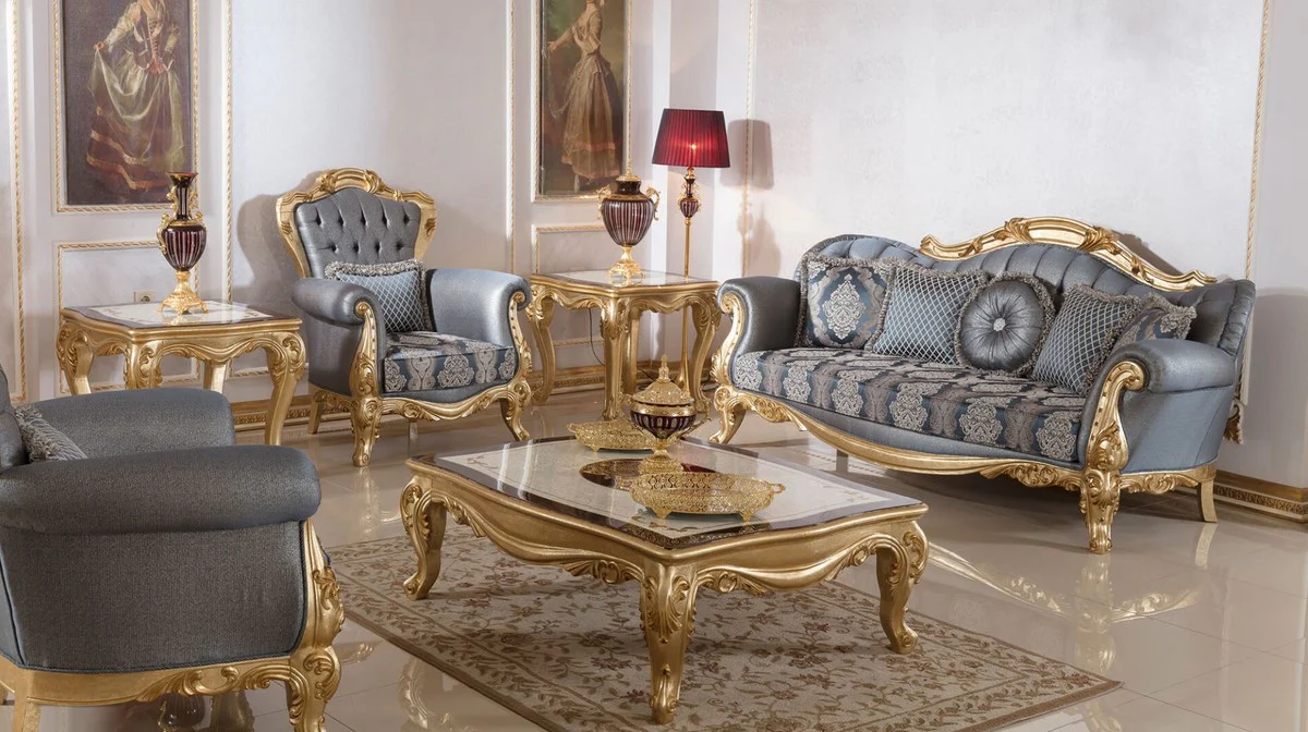 Luxus Barock Sofa Blau / Gold - Handgefertigtes Barockstil Wohnzimmer Sofa mit elegantem Muster - Barock Wohnzimmer Möbel - Edel & Prunkvoll