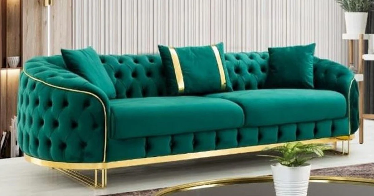 Luxus Chesterfield Sofa Grün / Gold 240 x 95 x H. 72 cm - Modernes Wohnzimmer Sofa - Chesterfield Wohnzimmer Möbel