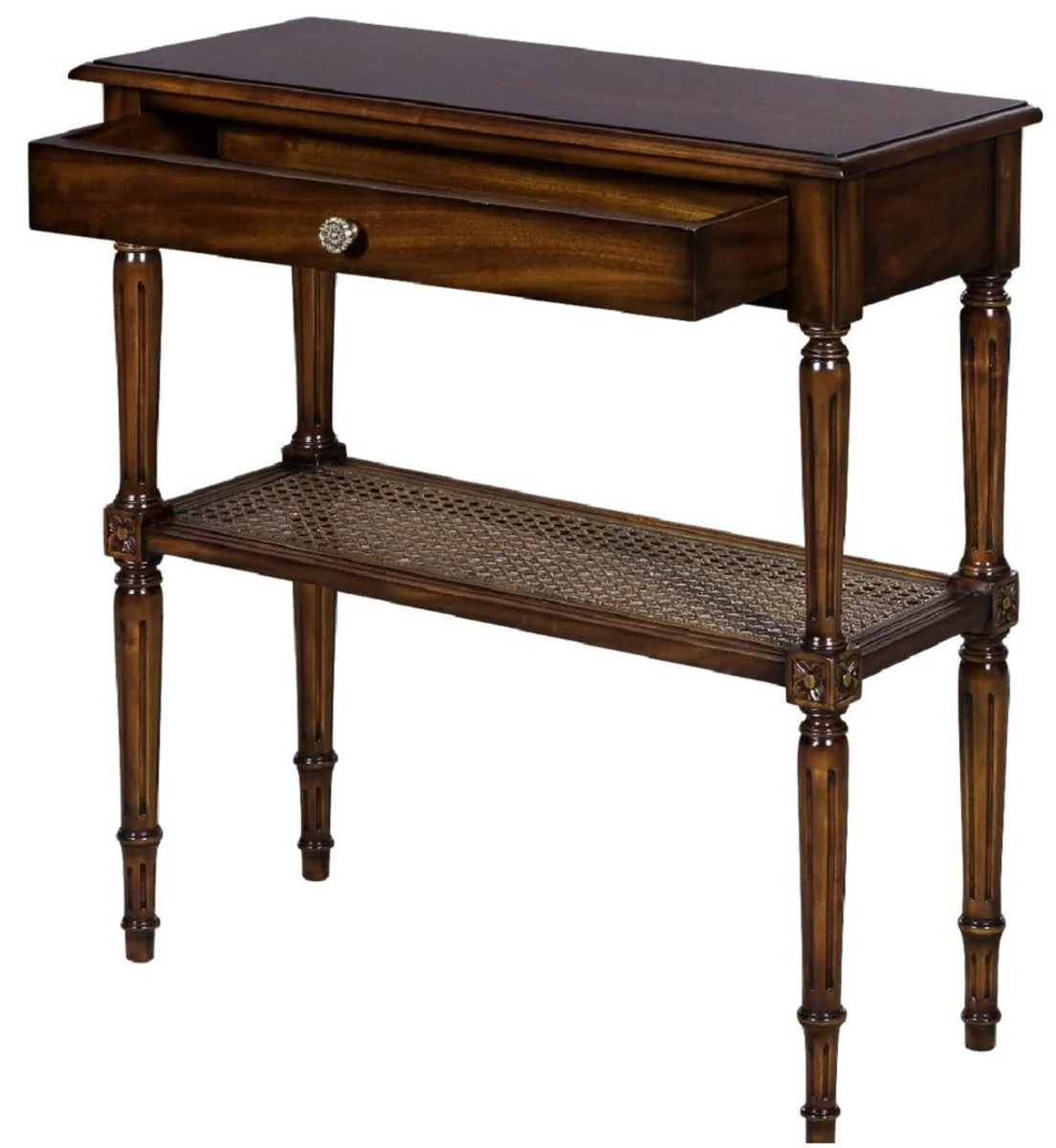 Luxus Jugendstil Nachtkommode Braun 71 x 28 x H. 76 cm - Eleganter Massivholz Nachttisch - Beistelltisch mit Schublade und Rattan Regal - Schlafzimmer Möbel