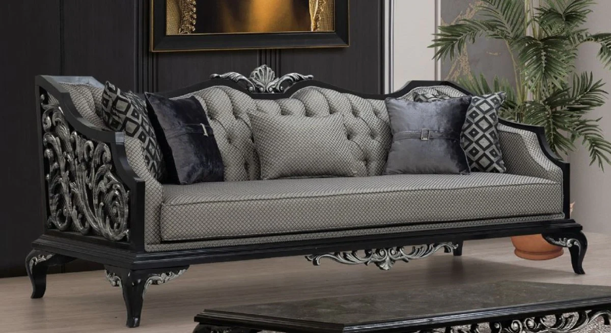Luxus Barock Wohnzimmer Set Silber / Schwarz - 2 Sofas & 2 Sessel & 1 Couchtisch - Handgefertigte Barock Wohnzimmer Möbel - Edel & Prunkvoll