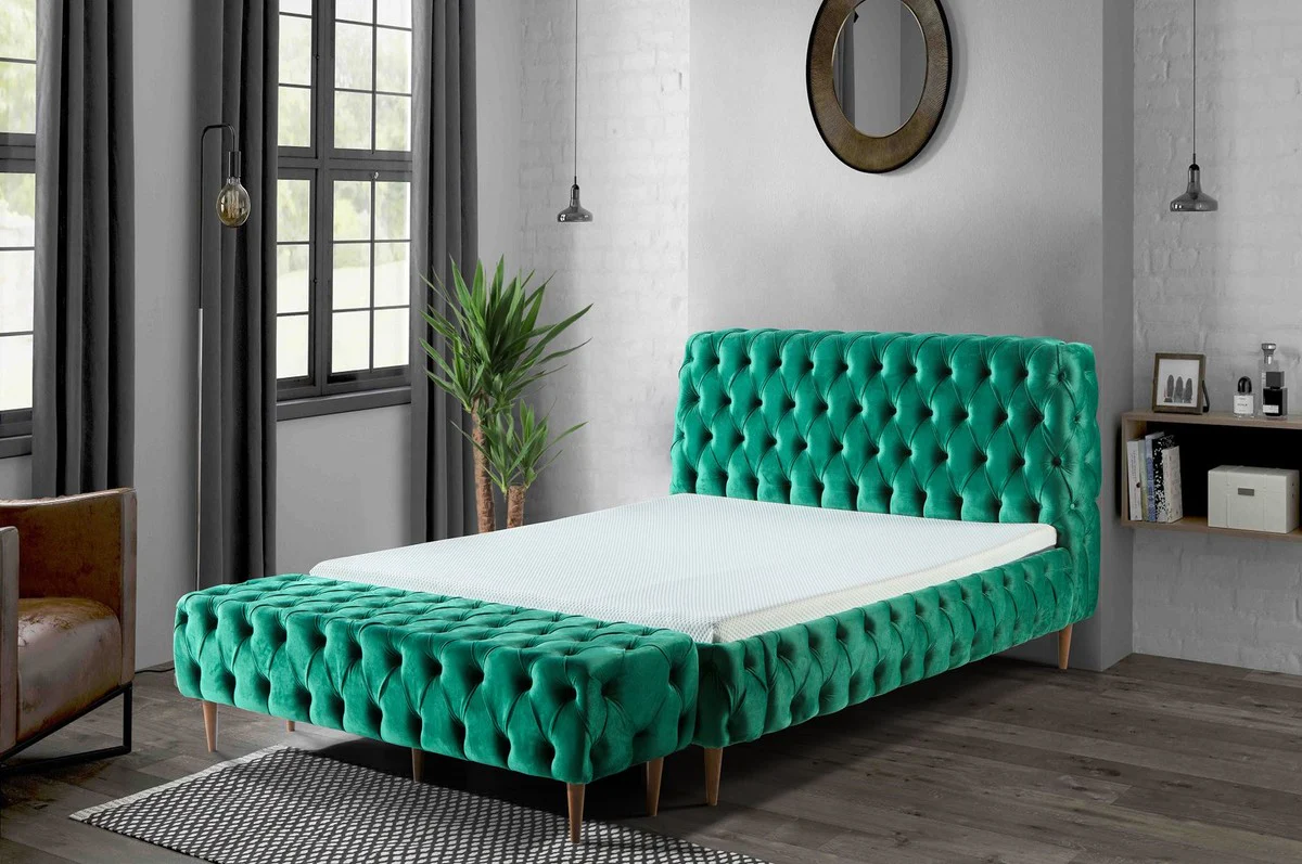 Luxus Chesterfield Doppelbett Grün / Braun - Verschiedene Größen - Modernes Bett mit Matratze und Sitzbank - Schlafzimmer Möbel