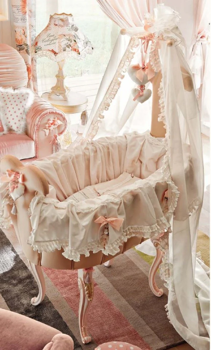 Luxus Barock Schaukel Babybett Rosa - Prunkvolles Massivholz Baby Schaukelbett - Barock Baby Möbel - Erstklassische Qualität - Made in Italy