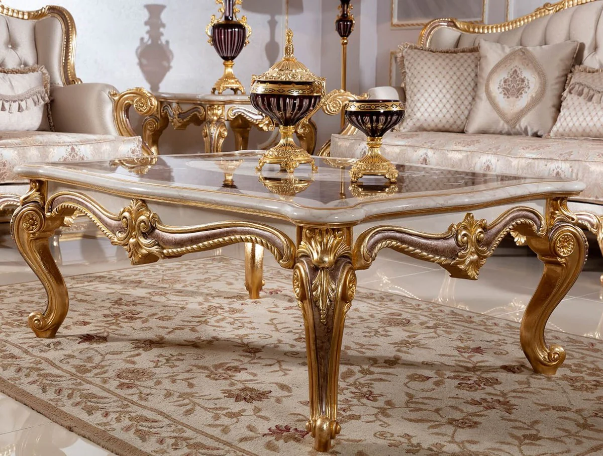 Luxus Barock Couchtisch Weiß / Braun / Gold - Prunkvoller Wohnzimmertisch im Barockstil - Luxus Wohnzimmer Möbel im Barockstil - Barock Möbel - Barock Wohnzimmer Einrichtung