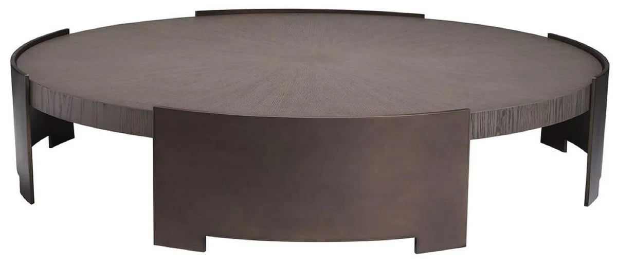 Luxus Couchtisch Grau / Bronze Ø 118,5 x H. 24,5 cm - Runder Wohnzimmertisch mit Massivholz Tischplatte - Wohnzimmer Möbel - Massivholz Möbel - Luxus Möbel - Luxus Einrichtung