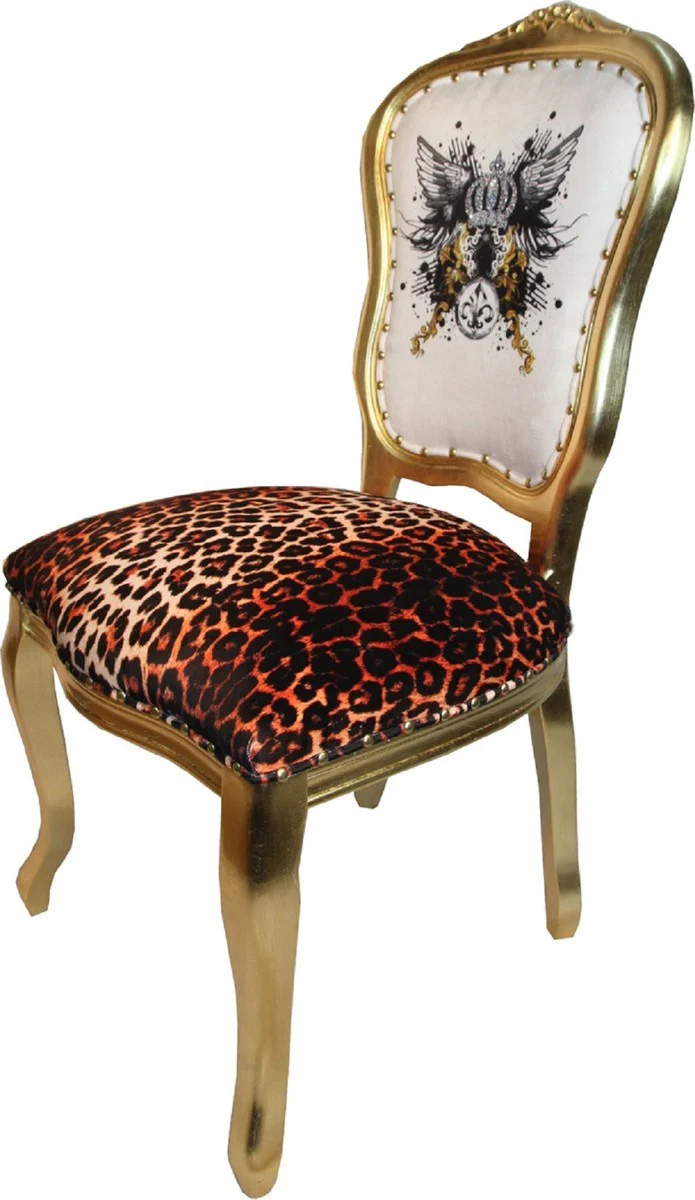 Pompöös by Luxus Barock Esszimmerstühle Glitzerkrone & Engelsflügel Leopard / Weiß / Gold 50 x 60 x H.104 cm - Pompööse Barock Stühle designed by Harald Glööckler - 4 Esszimmerstühle