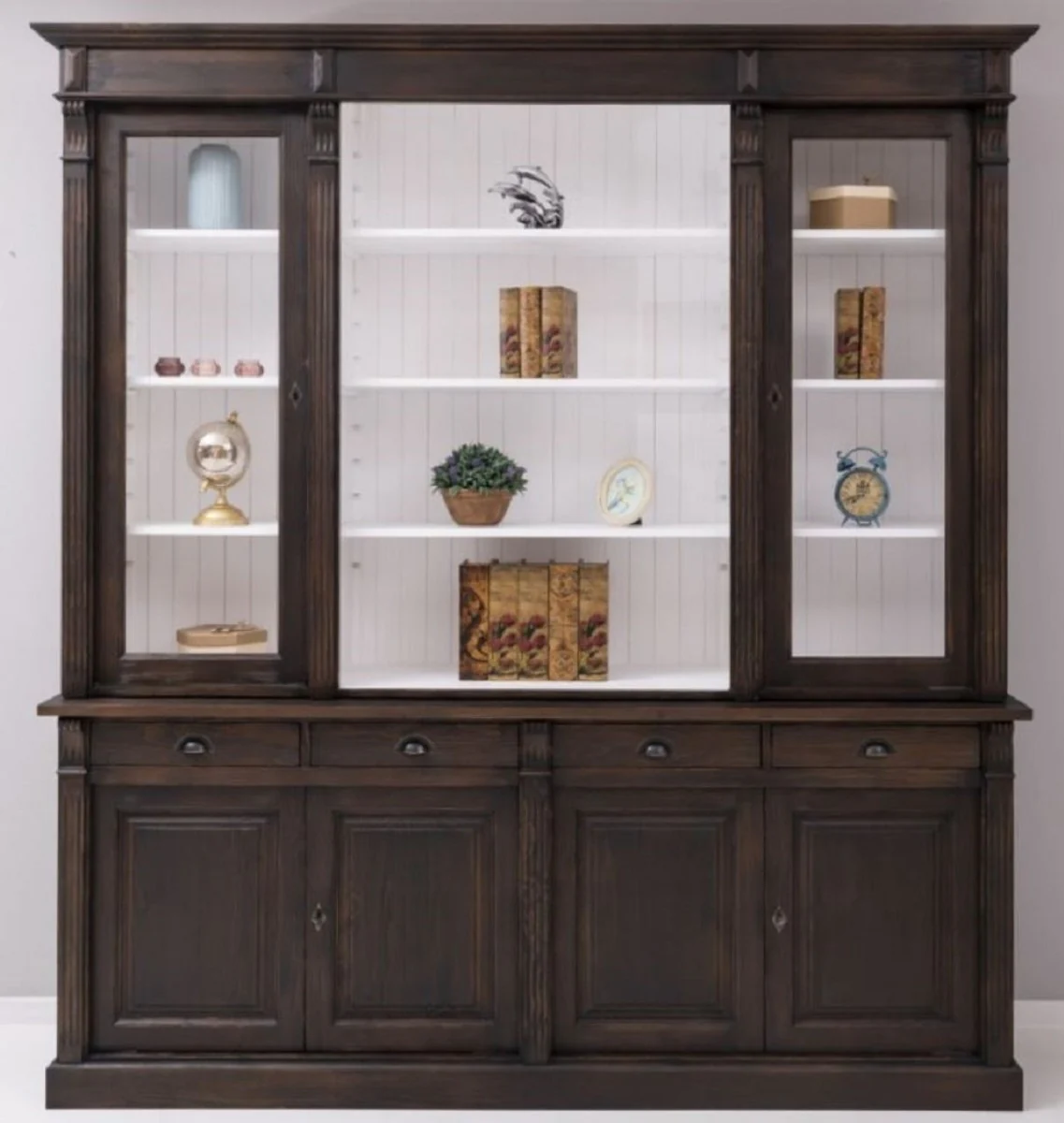 Landhausstil Esszimmerschrank Dunkelbraun / Weiß 223 x 51 x H. 240 cm - Massivholz Schrank - Küchenschrank - Landhausstil Esszimmer Möbel