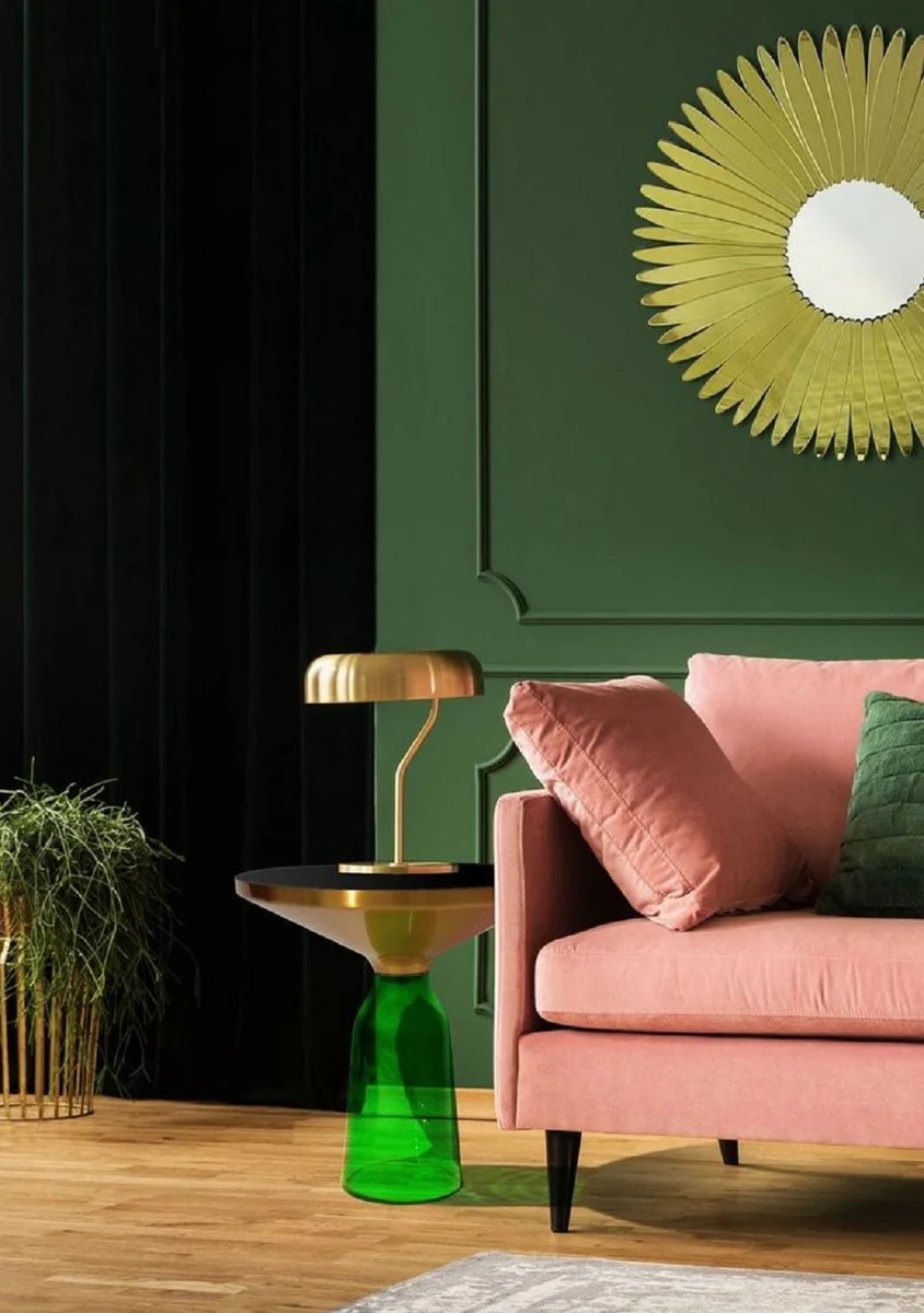 Luxus Beistelltisch Schwarz / Gold / Grün Ø 50 x H. 53 cm - Runder Glas Tisch - Wohnzimmer Möbel - Luxus Möbel