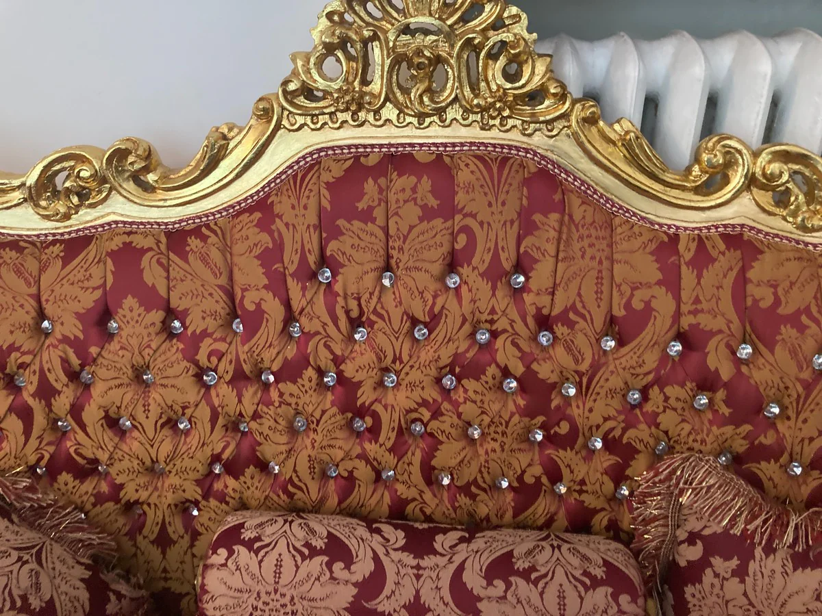 Barock 2er Sofa Bordeaux Muster / Gold mit Bling Bling Glitzersteinen und Kissen - Antik Stil Wohnzimmer Möbel