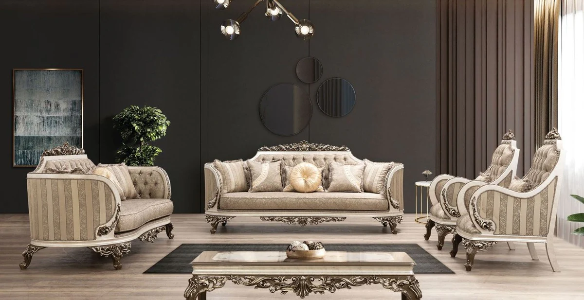 Luxus Barock Wohnzimmer Set Beige / Cremefarben / Braun / Gold - 2 Sofas & 2 Sessel & 1 Couchtisch - Handgefertigte Wohnzimmer Möbel im Barockstil - Edel & Prunkvoll