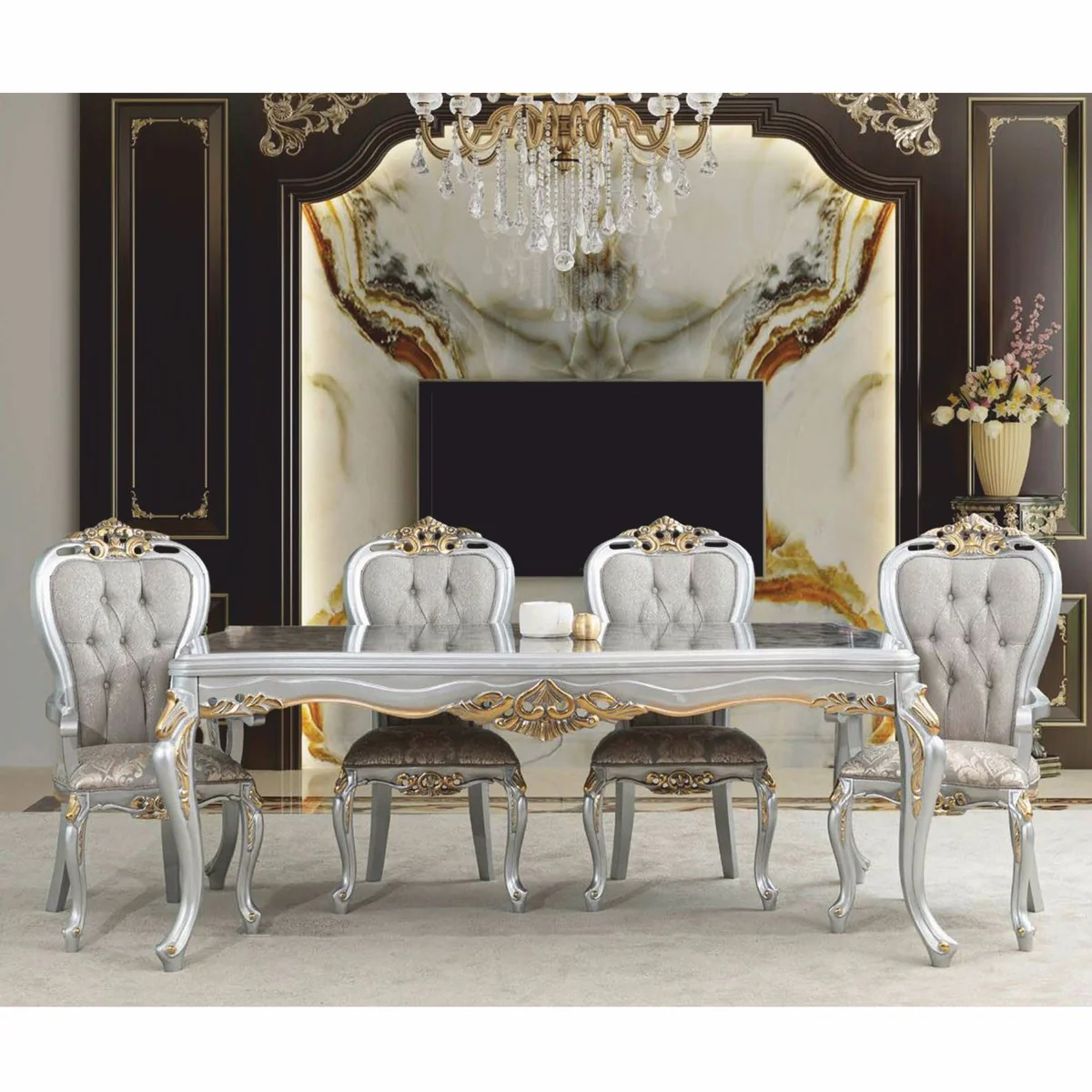 Luxus Barock Esszimmer Set Grau / Silber / Gold - 1 Esstisch & 8 Stühle