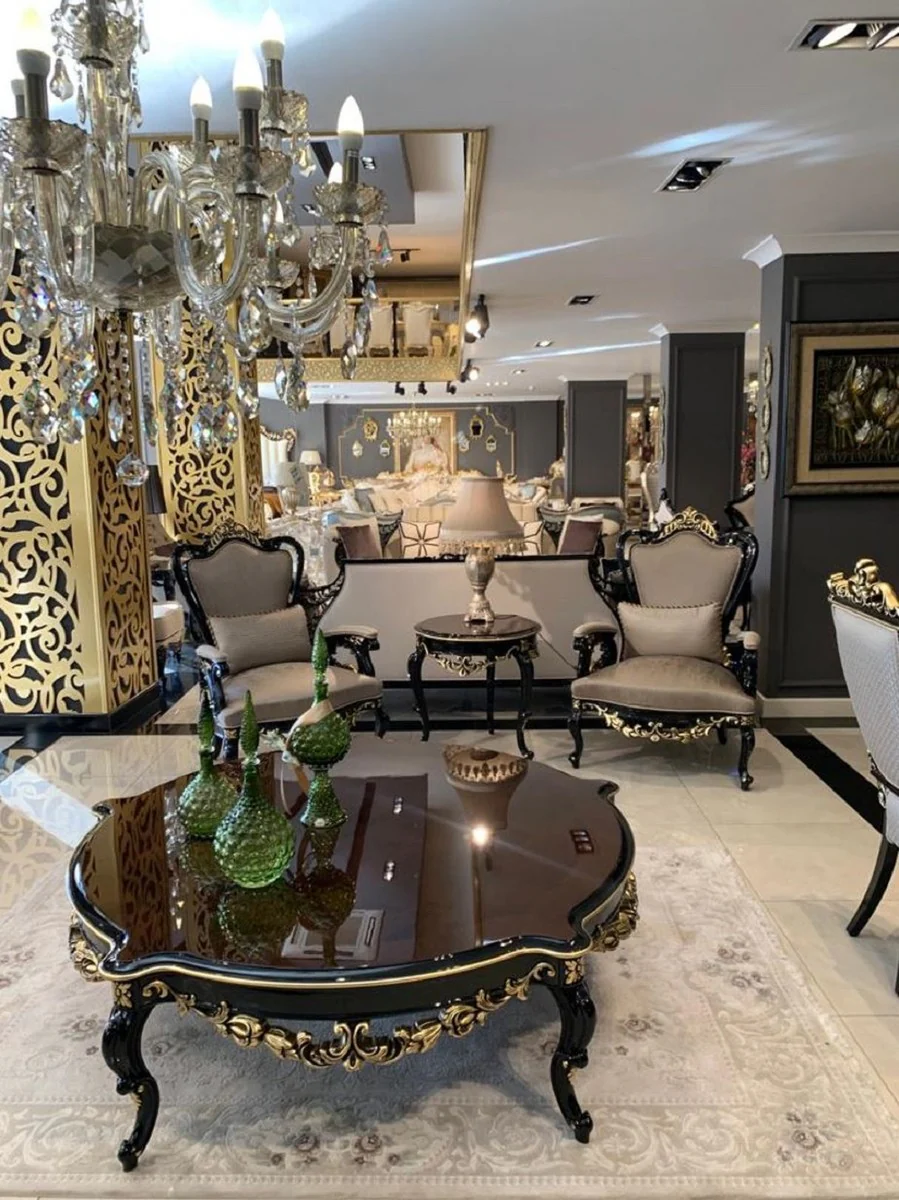 Luxus Barock Couchtisch Braun / Schwarz / Gold - Prunkvoller Massivholz Wohnzimmertisch im Barockstil - Barock Wohnzimmer Möbel - Edel & Prunkvoll