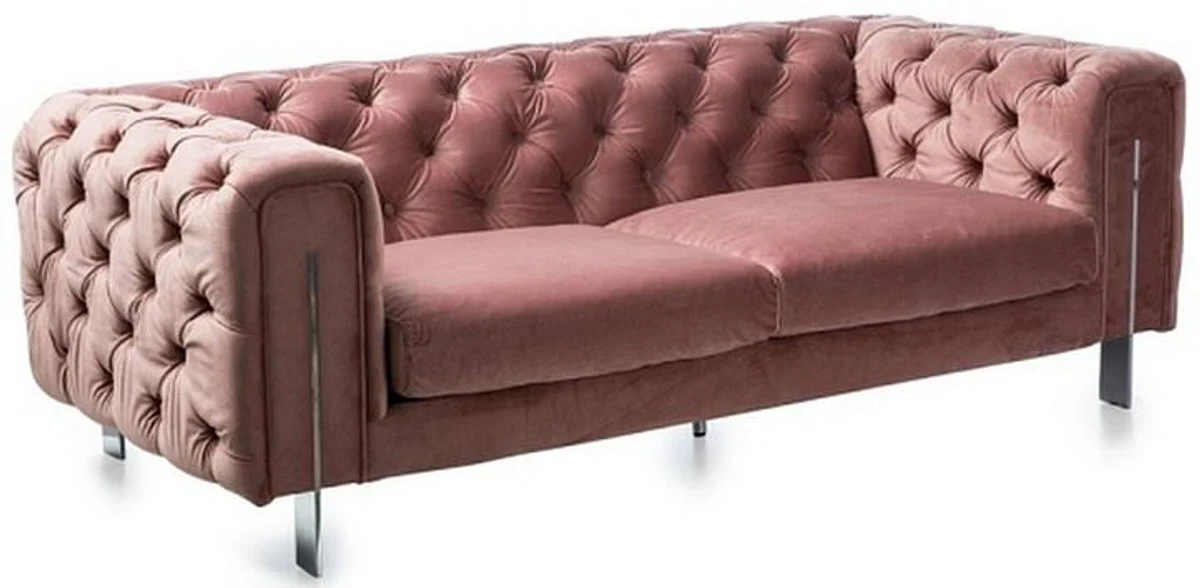 Luxus Chesterfield Samt Sofa Vintage Rosa / Silber 200 x 100 x H. 68 cm - Chesterfield Wohnzimmer Möbel