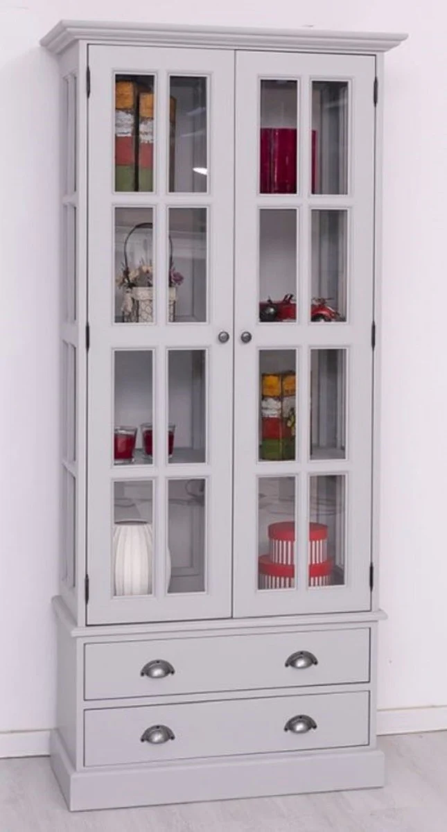 Landhausstil Vitrine Hellgrau 91 x 47 x H. 200 cm - Massivholz Vitrinenschrank mit 2 Türen und 2 Schubladen - Landhausstil Möbel - Massivholz Möbel - Esszimmer Möbel