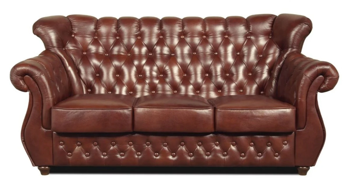 Chesterfield Echtleder 3er Sofa in braun mit dunkelbraunen Füßen 200 x 80 x H. 85 cm - Luxus Qualität