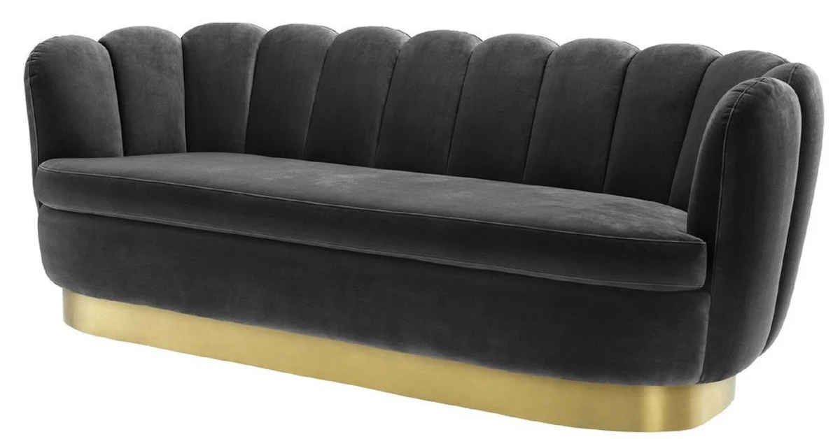 Luxus Samt Sofa Dunkelgrau / Messingfarben 225 x 90 x H. 80 cm - Wohnzimmer Sofa - Luxus Qualität