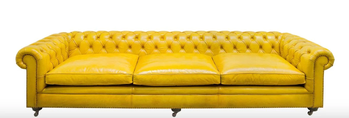 Luxus Chesterfield 3er Sofa Gelb 320 x 110 x H. 71 cm - Luxus Leder Möbel
