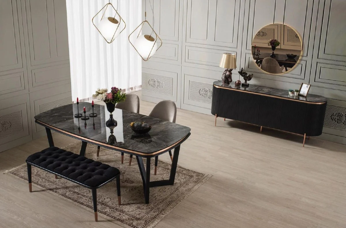 Luxus Esszimmer Set Grau / Schwarz / Kupfer - 1 Luxus Esszimmertisch & 6 Luxus Esszimmerstühle mit Armlehnen - Esszimmer Möbel - Restaurant Möbel - Luxus Möbel - Luxus Einrichtung