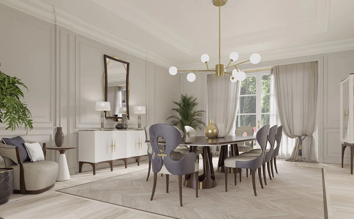 Luxus Art Deco Esszimmer Set Grau / Lila / Braun / Gold - 1 Luxus Art Deco Esstisch & 8 Luxus Art Deco Esszimmerstühle - Art Deco Esszimmer Möbel - Luxus Qualität - Made in Italy