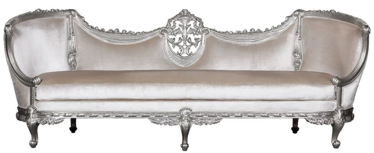 Luxus Barock Sofa Weiß / Silber - Edles Handgefertigtes Wohnzimmer Sofa im Barockstil - Barock Wohnzimmer Möbel - Edel & Prunkvoll