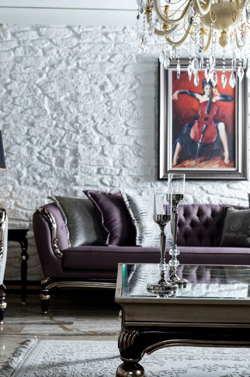 Luxus Barock Couchtisch Silber / Schwarz - Handgefertigter Massivholz Wohnzimmertisch mit Glasplatte - Barock Wohnzimmer Möbel