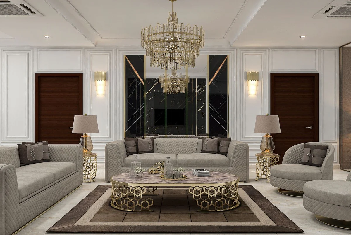 Luxus Wohnzimmer & Hotel Sofa Grau / Gold 260 cm