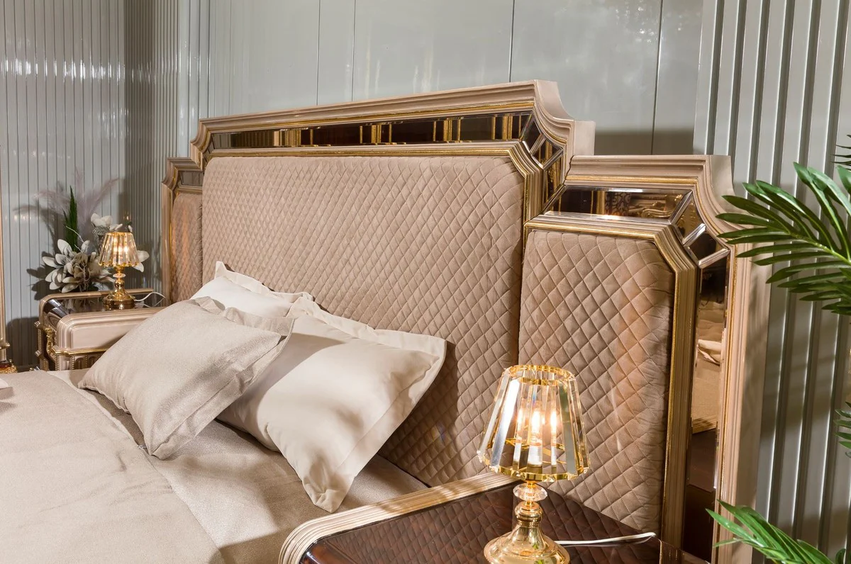 Luxus Barock Doppelbett mit 2 Nachtkommoden Grau / Dunkelbraun / Gold - Barock Möbel