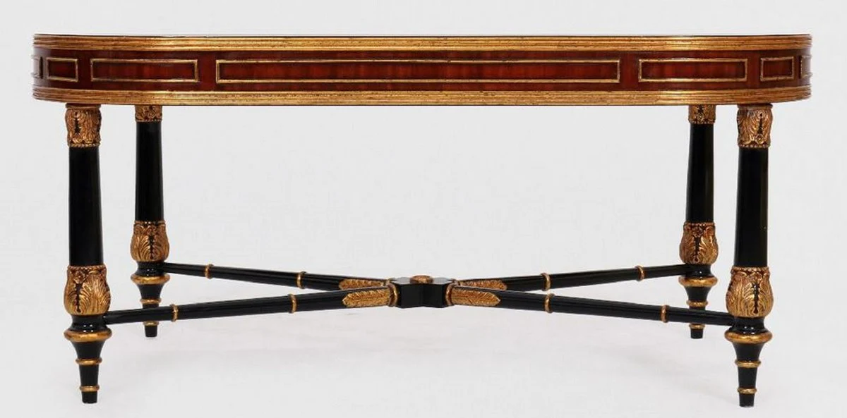 Luxus Barock Couchtisch Braun / Schwarz / Gold 122 x 81 x H. 56 cm - Edler Massivholz Wohnzimmertisch mit Glasplatte - Barock Möbel