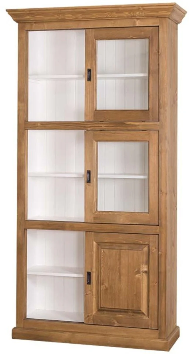 Landhausstil Bücherschrank Braun / Weiß 110 x 40 x H. 210 cm - Wohnzimmerschrank mit 6 Schiebetüren