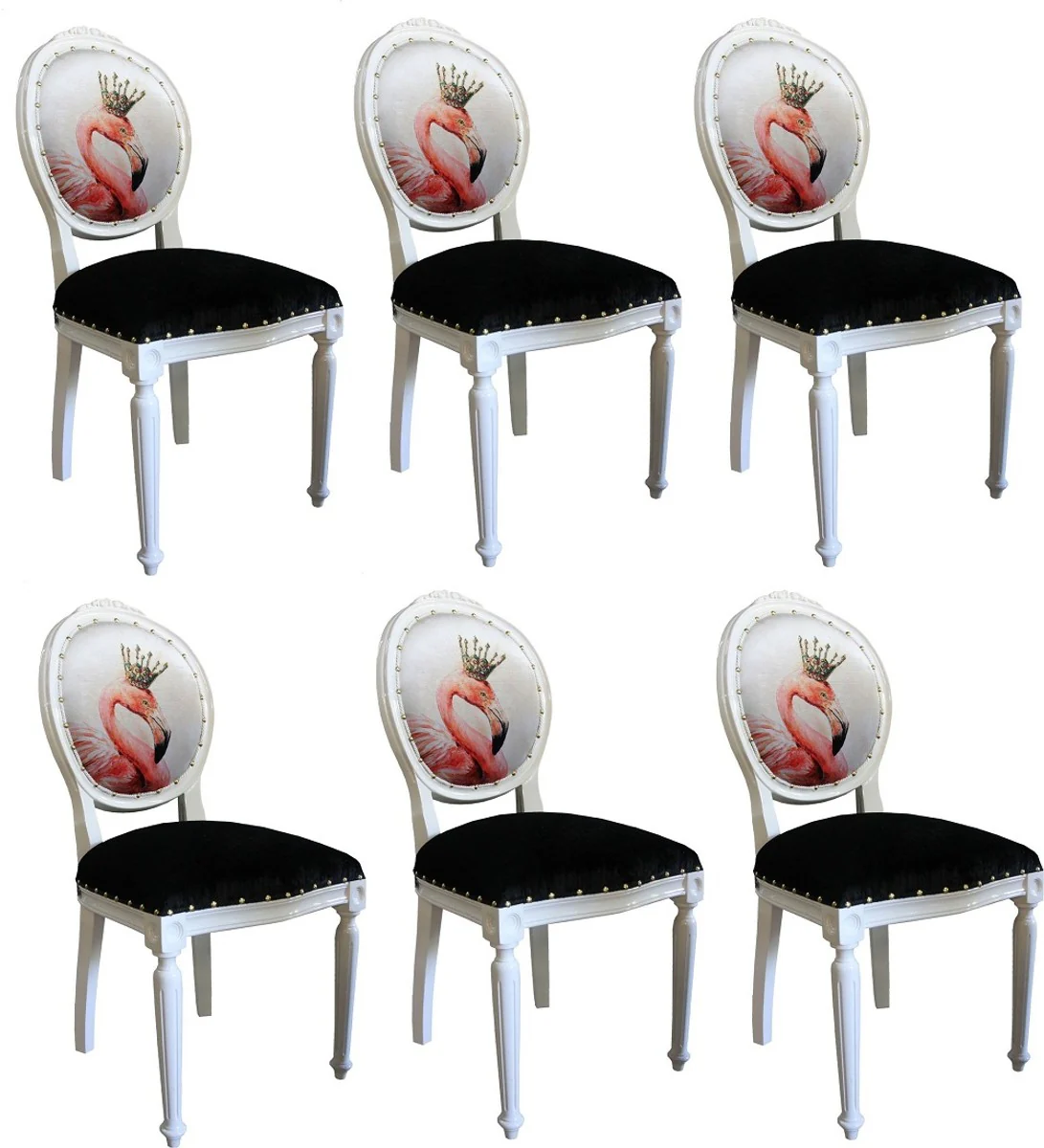 Luxus Barock Esszimmer Set Flamingo mit Krone Weiß / Schwarz / Mehrfarbig 48 x 50 x H. 98 cm - 6 handgefertigte Esszimmerstühle mit Bling Bling Glitzersteinen - Barock Esszimmermöbel