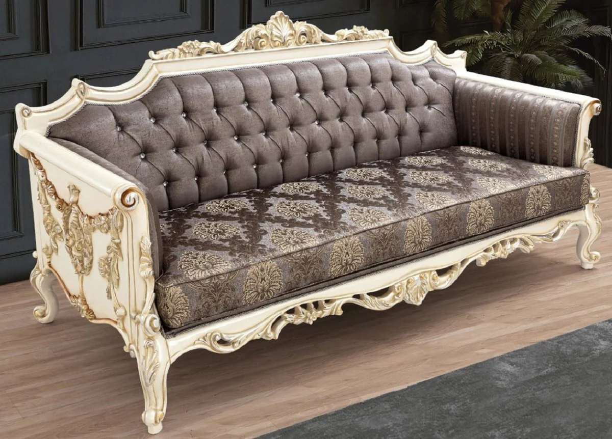 Luxus Barock Sofa Grau / Braun / Weiß / Gold / Silber - Handgefertigtes Wohnzimmer Sofa mit elegantem Muster und Glitzersteinen - Barock Wohnzimmer Möbel - Edel & Prunkvoll