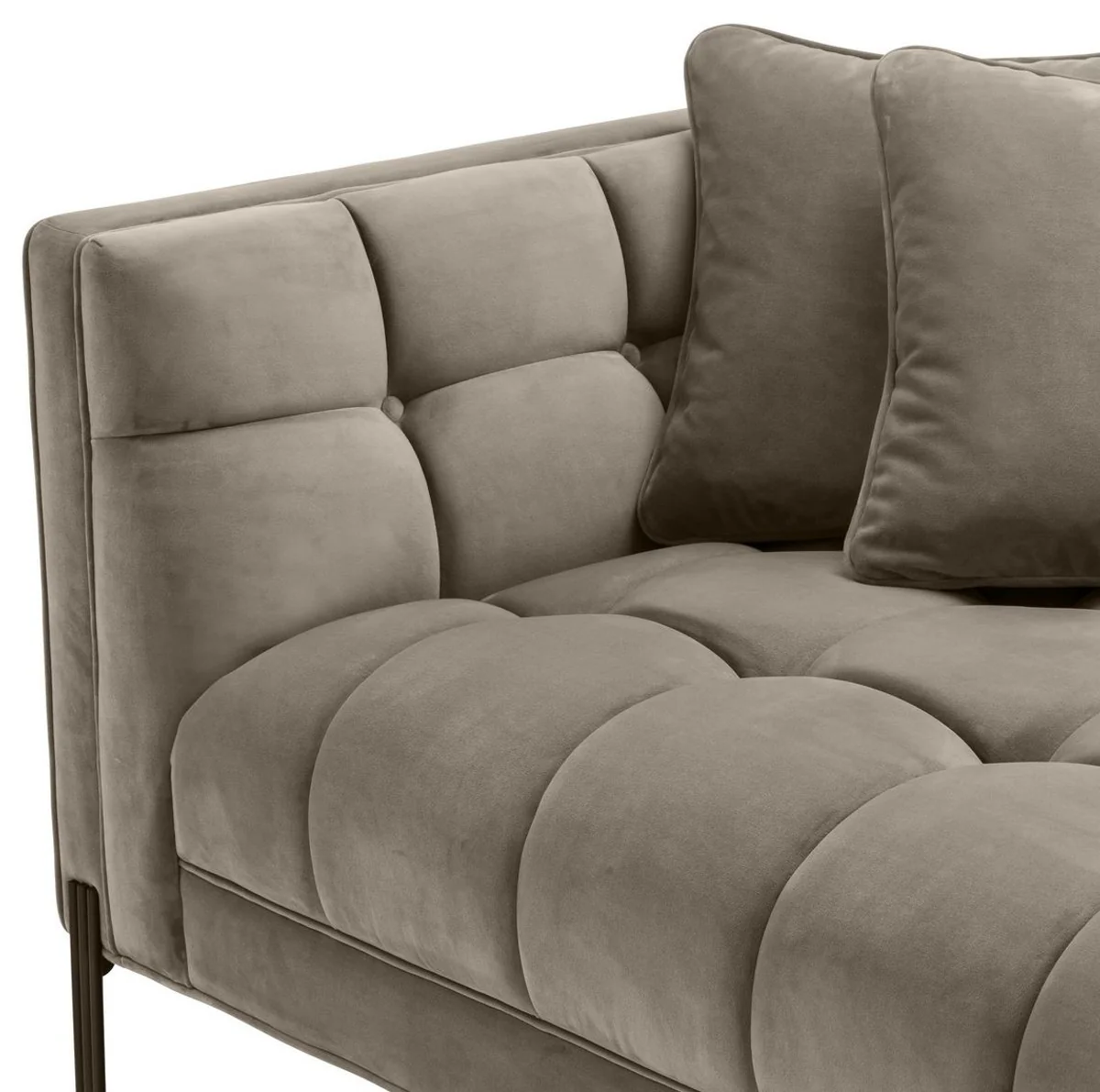 Luxus Lounge Sofa Greige / Schwarz 223 x 95 x H. 68 cm - Linksseitiges Wohnzimmer Sofa mit edlem Samtsoff und 2 Kissen